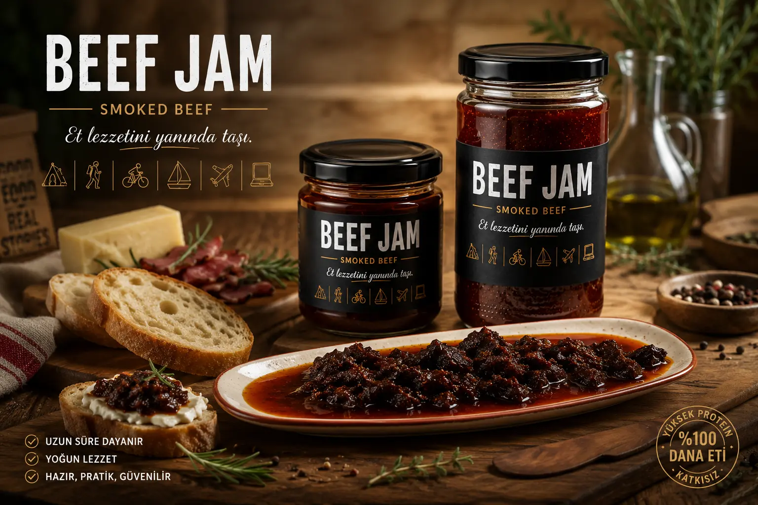 Beef Jam tabak sunumu, rustik